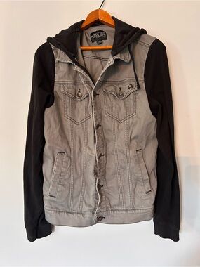 XXX Rude Denim Jacket Mens M Gray and Black Button Up Hooded Long Sleeve